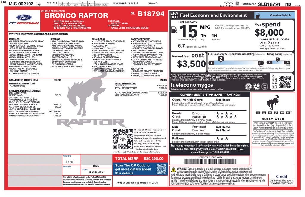 2025 Ford Bronco Raptor 4 Door Advanced 4x4