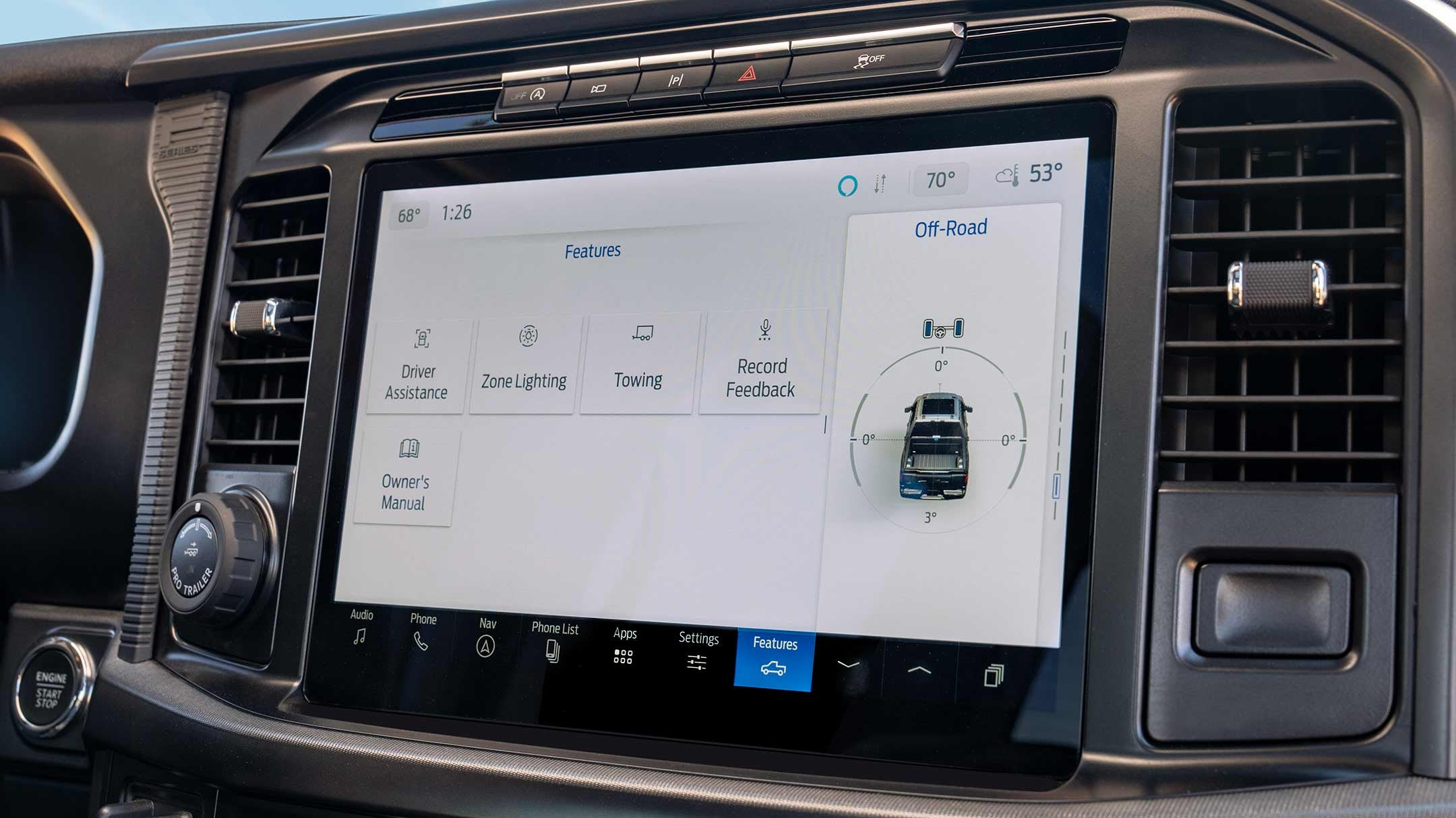 Close-up image of the 12-inch touchscreen on a 2025 Ford F-150® pickup